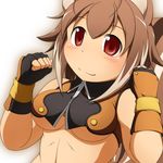  animal_ears blazblue blush breasts brown_hair fingerless_gloves gloves makoto_nanaya medium_breasts mirano red_eyes short_hair smile solo squirrel_ears squirrel_tail tail underboob 