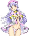  1girl azmaria_hendric blush cameltoe chrno_crusade hat midriff navel orange_eyes panties purple_hair ribbon underwear undressing 