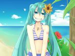  beach bikini cloud day flower grin hair_flower hair_ornament hatsune_miku hibiscus long_hair looking_at_viewer outdoors shari sky smile solo striped sunflower swimsuit twintails v_arms very_long_hair vocaloid water 