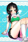  bad_id bad_pixiv_id black_hair blush breasts brown_eyes covered_nipples hair_ornament hair_over_shoulder hairclip idolmaster idolmaster_cinderella_girls kani-tsuntsun long_hair mouth_hold ponytail rookie_trainer shorts sitting small_breasts smile socks solo sweat trainer_(idolmaster) wristband 