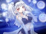  artist_request blue_hair bra covering_mouth earrings elbow_gloves frilled_bra frills gloves hair_ribbon headset hoshino_ruri jewelry kidou_senkan_nadesico kidou_senkan_nadesico_-_prince_of_darkness lingerie midriff miniskirt navel parted_lips ribbon skirt solo twintails underwear white_gloves yellow_eyes 