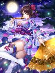  blue_bow blue_sky bow box_(hotpppink) breasts brown_eyes brown_hair cleavage closed_mouth cloud company_name dual_wielding fan floral_print flower folding_fan full_moon hair_bow hair_flower hair_ornament highres holding holding_fan long_sleeves moon night night_sky no_bra obi official_art outdoors red_footwear sash sengoku_kishin_valkyrie short_hair sky small_breasts solo standing standing_on_one_leg thighhighs tree 