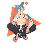  5 bandages blue_hair boota chin_rest closed_eyes crossed_legs flag grin kamina male_focus mwgi number numbered_flag sandals sarashi shirtless sitting smile tattoo tengen_toppa_gurren_lagann 