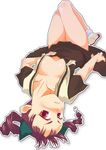  bare_legs breasts drill_hair highres large_breasts lying maria-sama_ga_miteru matsudaira_touko no_bra on_back open_clothes purple_hair red_eyes school_uniform sera_kei serafuku socks solo twin_drills twintails 