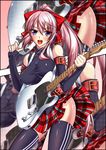  alternate_hairstyle bare_shoulders bow electric_guitar guitar hair_bow impossible_clothes impossible_shirt instrument long_hair looking_at_viewer megurine_luka open_mouth pink_hair plaid plaid_skirt ponytail shirokuma_a shirt skirt smile solo telecaster thighhighs very_long_hair vocaloid zettai_ryouiki zoom_layer 
