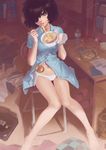  black_hair blouse blue_shirt bowl breasts chips chopsticks chromatic_aberration clothes_removed collared_shirt dress_shirt eating food hair_over_one_eye holding holding_bowl ilya_kuvshinov in_panties indoors kamaboko knees_together_feet_apart long_legs medium_breasts messy_room midriff narutomaki navel nazo_no_kanojo_x no_pants noodles on_chair panties partially_unbuttoned potato_chips ramen scissors shirt short_hair short_sleeves sitting solo stomach underwear urabe_mikoto white_panties 