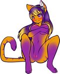  anthro barefoot blush breasts cat covering feline female hair mammal multi-colored_hair navel nude pinup plain_background pose purple_eyes pussy sitting solo stripes white_background yuuri 