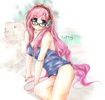  blush breasts cyprus glasses long_hair looking_at_viewer medium_breasts megurine_luka one-piece_swimsuit pink_hair school_swimsuit smile solo strap_slip stuffed_animal stuffed_toy swimsuit teddy_bear very_long_hair vocaloid 