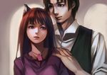  1girl animal_ears bad_id bad_pixiv_id brown_hair craft_lawrence highres holo long_hair red_eyes spice_and_wolf wolf_ears yykuaixian 