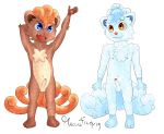  alolan_vulpix anthro balls barefoot biped blue_eyes blue_fur brown_eyes brown_fur canine chest_tuft cub duo erection fluffy fluffy_tail fur gabriel_(robinstic) humanoid_penis male mammal michael_(robinstic) model_sheet navel nintendo nipples nude open_mouth pawpads penis pok&eacute;mon pok&eacute;mon_(species) regional_variant robinstic standing tuft uncut video_games vulpix young 