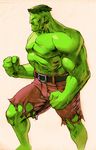  1boy capcom green_hair green_skin highres hulk male male_focus marvel marvel_vs._capcom marvel_vs._capcom_2 marvel_vs_capcom marvel_vs_capcom_2 muscle solo torn_clothes 