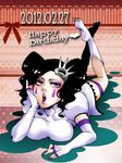  1girl arrancar black_hair bleach breasts cirucci_sanderwicci dress elbow_gloves eyeshadow facial_mark female fingerless_gloves gloves hair_ornament hand_on_own_face happy_birthday lipstick lying makeup nail_polish on_stomach open_mouth pinky_out puffy_sleeves purple_eyes purple_lipstick purple_nails short_twintails solo ssyk603 thigh_strap toenail_polish twintails wavy_hair white_dress white_gloves 