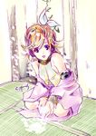  arm_warmers artist_name bangs bare_shoulders black_eyes blonde_hair breasts cyprus eyebrows_visible_through_hair hair_ribbon headphones indoors kagamine_rin lips off_shoulder open_hands open_mouth pink_hair ribbon scroll shawl short_hair sideboob sitting sketch small_breasts solo swept_bangs tareme tatami vest vocaloid white_ribbon yellow_vest 