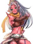  arm_strap armpits backlighting bad_id bad_pixiv_id belt bike_shorts blue_skirt blush breasts bridal_gauntlets closed_mouth club collar cowboy_shot demon_girl dragon_quest dragon_quest_x fingernails fur_trim green_eyes hair_ornament hand_on_hilt high_ponytail highres holding holding_weapon horns katou_teppei large_breasts light_smile long_fingernails long_hair long_ponytail looking_at_viewer maiyu_(dq10) midriff navel ogre_(dq10) pointy_ears ponytail red_skin scarf showgirl_skirt sideboob silver_hair simple_background sketch skirt smile solo spikes sports_bra standing tattoo taut_clothes weapon white_background yellow_scarf 