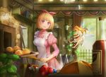  apron bad_id bad_pixiv_id bakery blonde_hair bow bread breasts clover fairy fantasy_earth_zero food gem hair_bow hoshizome impossible_clothes long_hair medium_breasts multiple_girls purple_eyes shop short_hair size_difference 