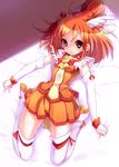  boots choker cure_sunny hino_akane_(smile_precure!) kneeling magical_girl orange_(color) orange_choker orange_hair orange_skirt precure red_eyes skirt smile_precure! solo sora_to_umi thigh_boots thighhighs tiara white_legwear 