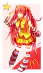  ;) alternate_color bad_id bad_pixiv_id detached_sleeves hatsune_miku leg_warmers long_hair mcdonald's necktie one_eye_closed red_hair skirt smile solo star striped striped_legwear striped_sleeves thighhighs twintails very_long_hair vocaloid yellow_eyes yumegi_(bitter_orange215) 