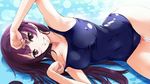  arm_up armpits breasts cleavage happy highres kanoe_yuuko large_breasts laying_on_side long_hair looking_at_viewer lying nylon purple_eyes purple_hair school_swimsuit swimsuit tasogare_otome_x_amnesia 