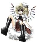  blonde_hair boots child cross-laced_footwear fang flandre_scarlet kurona lace-up_boots open_mouth red_eyes simple_background solo touhou white_background wings 