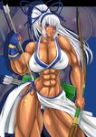  1girl abs alop-net blue_eyes bow_(weapon) breasts dark_skin extreme_muscles gloves highres huge_breasts long_hair looking_at_viewer macto majikina_mina muscle pixiv_manga_sample resized samurai_spirits snk solo thick_thighs thighs very_long_hair weapon white_hair 