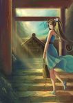  aa_megami-sama artist_request bag belldandy blue_dress blue_shoes bracelet brown_hair building bush choker dress female handbag jewelry long_hair md5_mismatch outdoors over_shoulder pixiv_thumbnail plant purse resized shoes smile solo stairs temple walking 