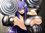  1girl 2012 :d abs ahoge armpits arms_up artist_name bangs bare_shoulders biceps black_gloves blush breasts bust dated elbow_gloves fan female gloves grey_background hair_between_eyes hands impossible_clothes kurokami_medaka large_breasts latex latex_gloves lifting long_hair looking_at_viewer medaka_box muscle open_mouth paper_fan pose purple_hair red_eyes ren_(tainca2000) rentb shiny shiny_clothes shiny_hair shiny_skin skin_tight smile solo turtleneck underboob upper_body weights 