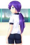  1girl absurdres ass back bike_shorts blue_eyes blush gym_uniform highres komiltuto komimiyako komitsu long_hair looking_back ponytail purple_hair solo thighs 