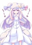  blush capelet cat coat coo crescent dress hair_ribbon hat_tug highres long_hair open_clothes open_coat patchouli_knowledge purple_eyes purple_hair ribbon solo striped striped_dress touhou translated wide_sleeves 