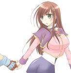  1boy 1girl artist_request breasts brown_hair choker fayt_leingod gloves green_eyes shion_(zero.) simple_background skirt sophia_esteed square_enix star_ocean star_ocean_till_the_end_of_time 