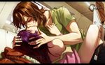  2boys blush bottomless brown_hair eyes_closed face_grab gundam gundam_00 hand_on_another's_face kiss lockon_stratos long_hair multiple_boys pants_pull purple_hair sweat tieria_erde trap yaoi 