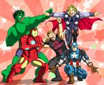  armor avengers beard blonde_hair blue_eyes boots brown_hair cape captain_america clint_barton dragon_ball facial_hair ginyu_force ginyu_force_pose green_hair green_skin hawkeye hawkeye_(marvel) hulk iron_man marvel parody steve_rogers thor thor_(marvel) tony_stark 