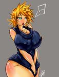  1girl breasts cloud_strife erect_nipples female final_fantasy final_fantasy_vii genderswap highres huge_breasts jenovasilver male_to_female simple_background solo thick_thighs thighs 