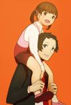  1boy 1girl adachi_tooru black_hair brown_eyes brown_hair child commentary_request doujima_nanako dress hasukawa_isaburou highres open_mouth persona persona_4 short_hair short_twintails skirt smile twintails 