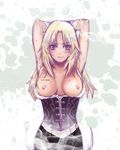  armpits arms_up blonde_hair blush breasts corset granado_espada long_hair sweat topless 