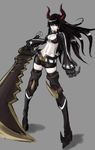  1girl armor black_gold_saw black_hair black_rock_shooter boots breasts claws cleavage highres horns midriff pale_skin red_eyes shorts solo sword weapon 
