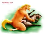  1girl artist_name ass bestiality blonde_hair brown_hair censored crotch_boob furry hooves horse mare_(horse) no_humans nude penis pussy sex stallion tokimitsu wet 