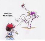  2boys alien ash ball baseball_cap child crossover dragon_ball dragonball_z frieza gloves hat humor jpeg_artifacts lowres male multiple_boys parody poke_ball pokeball pokemon satoshi_(pokemon) simple_background smile teeth throwing 