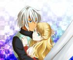  1boy 1girl armor blonde_hair blue_eyes claire_bennett flower frills green_eyes highres long_hair sword tales_of_(series) tales_of_rebirth veigue_lungberg weapon white_hair 