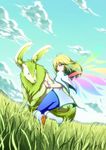  animal blonde_hair blue_eyes boots bracelet cloud grass highres jewelry mithos_yggdrasill noishe pants sky tales_of_(series) tales_of_symphonia wings 