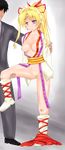  1boy 1girl blonde_hair boots breasts earrings formal highres jewelry kaitou_jeanne kamikaze_kaitou_jeanne kusakabe_maron long_hair purple_eyes skirt suit 