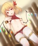  1girl alternate_costume arm_behind_back armlet bangle bangs bare_arms bare_shoulders blush bracelet breasts commentary_request cowboy_shot crystal dutch_angle eyebrows_visible_through_hair flandre_scarlet gluteal_fold hair_between_eyes hair_ribbon halter_top halterneck hand_up harem_outfit harem_pants highres jewelry lifted_by_self looking_at_viewer miyo_(ranthath) navel no_hat no_headwear o-ring o-ring_bottom one_side_up open_mouth pants red_bikini_bottom red_ribbon ribbon see-through short_hair small_breasts smile solo standing stomach thigh_strap thighs touhou underboob wings 