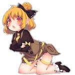  bad_id bad_pixiv_id blonde_hair blush bow dress goose_h hair_bow kneeling kurodani_yamame open_mouth orange_eyes pointy_ears ribbon short_hair simple_background socks solo touhou white_background 