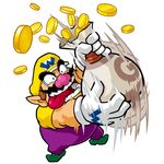  absurdres bag coin coins facial_hair fat fat_man gloves hat highres mario_(series) mustache nintendo official_art overalls super_mario_bros. teeth tongue wario wario_land 