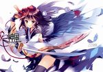  black_legwear brown_hair feathers fingerless_gloves gloves hat japanese_clothes katana kimono kourindou_tengu_costume looking_at_viewer mask md5_mismatch rie_(reverie) shameimaru_aya short_hair solo sword tengu_mask thighhighs tokin_hat touhou weapon wings yellow_eyes 