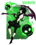  backless_outfit bangs black_hair black_rock_shooter blunt_bangs bow butter-t capri_pants character_name dead_master green_eyes holding holding_scythe horns pants scythe shoes skull smile solo weapon wings 