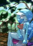  alternate_color blue_hair blush eyes_closed gardevoir hand_holding hanekumo pokemon shade shiny_pokemon tree yu_yun 
