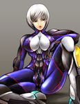  abs arm_support blue_eyes bodysuit breasts cenes_crawford high_heels highres impossible_clothes key-chang labia large_breasts lips lipstick makeup red_pupils shoes short_hair silver_hair sitting skin_tight slender_waist solo spread_legs thunder_force thunder_force_v 
