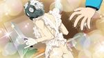  2boys apron artist_request ass bow clear_(dmmd) clear_(dramatical_murder) dramatical_murder game_cg gas_mask gloves highres kitchen knife looking_back male male_focus multiple_boys muscle naked_apron surprise surprised trembling vegetable vegetables what white_hair 