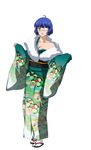  1girl blue_hair breasts eyepatch female geta green_eyes highres ikkitousen japanese_clothes kimono large_breasts official_art ryomou_shimei short_hair smile solo 