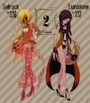  2girls blonde_hair dark_skin high_heels lunatone multiple_girls personification pokemon purple_hair red_eyes shoes solrock 